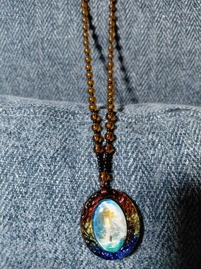 Jesus Looking at Heaven Glass Necklace with Amber Beaded Chain